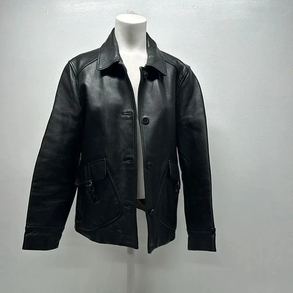 The Territory Ahead 100% Leather Jacket Coat Collared Button Down Black Small - Picture 1 of 12